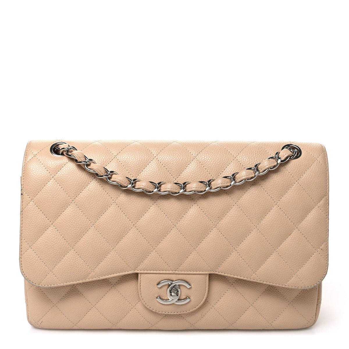 Caviar Quilted Jumbo Double Flap Light Beige