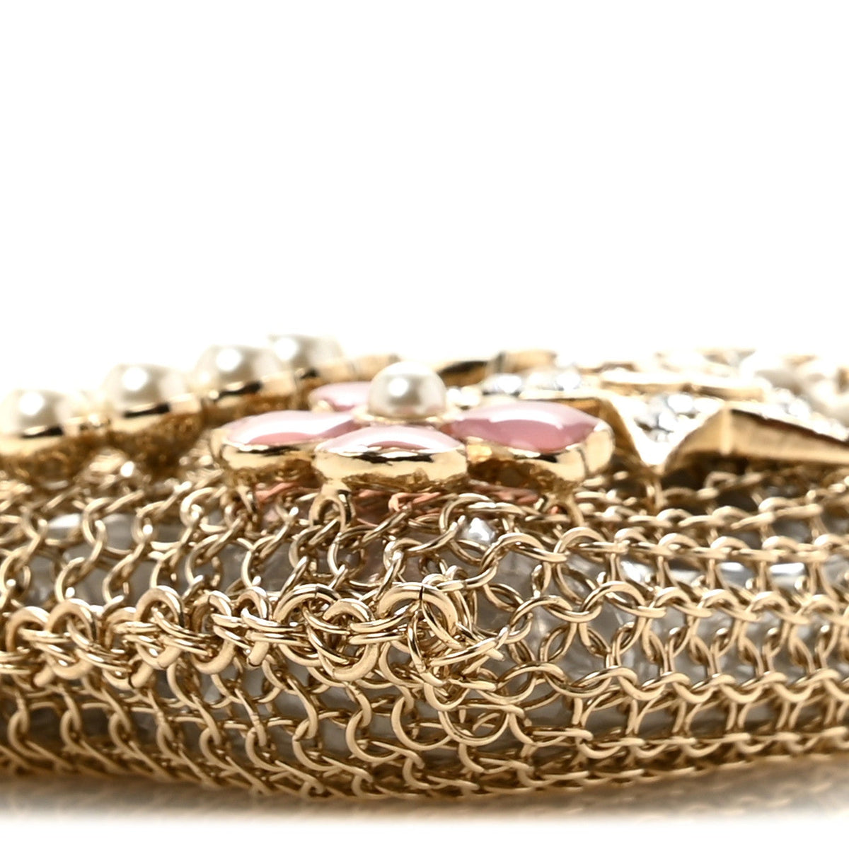 Metal Pearl Enamel Kiss Lock Chain Mail Charm Clutch Gold