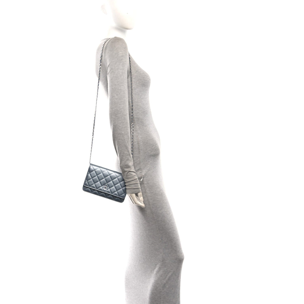Metallic Lambskin Quilted Wallet On Chain WOC Silver