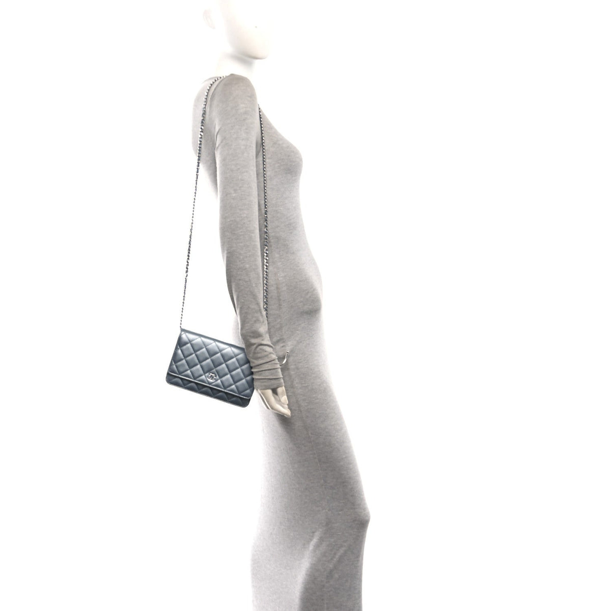Metallic Lambskin Quilted Wallet On Chain WOC Silver