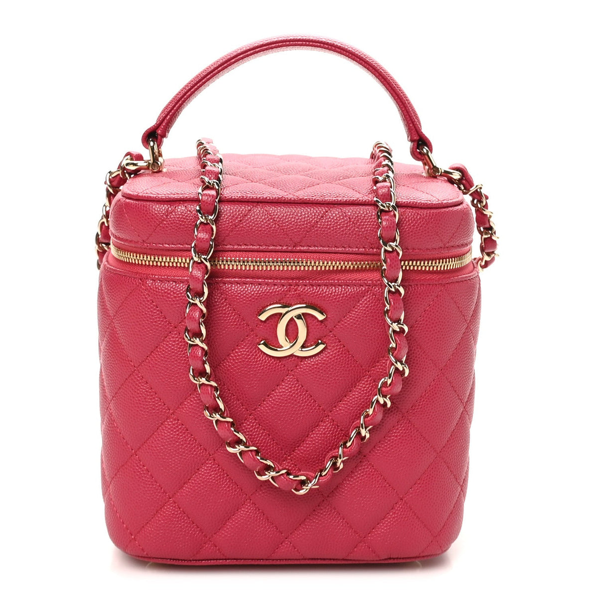 Caviar Quilted Small Top Handle Vanity Case With Chain Dark Pink