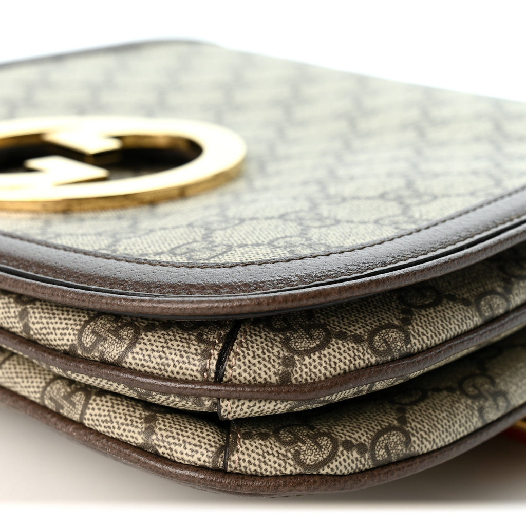 GG Supreme Monogram Textured Dollar Calfskin Web Medium Blondie Top Handle Shoulder Flap Bag Beige Ebony New Acero
