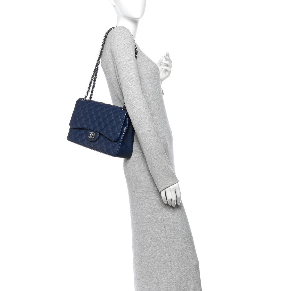 Caviar Quilted Jumbo Double Flap Navy Blue