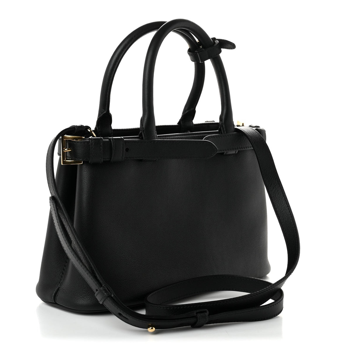 Soft Grain Calfskin Small Double Belt Tote Black