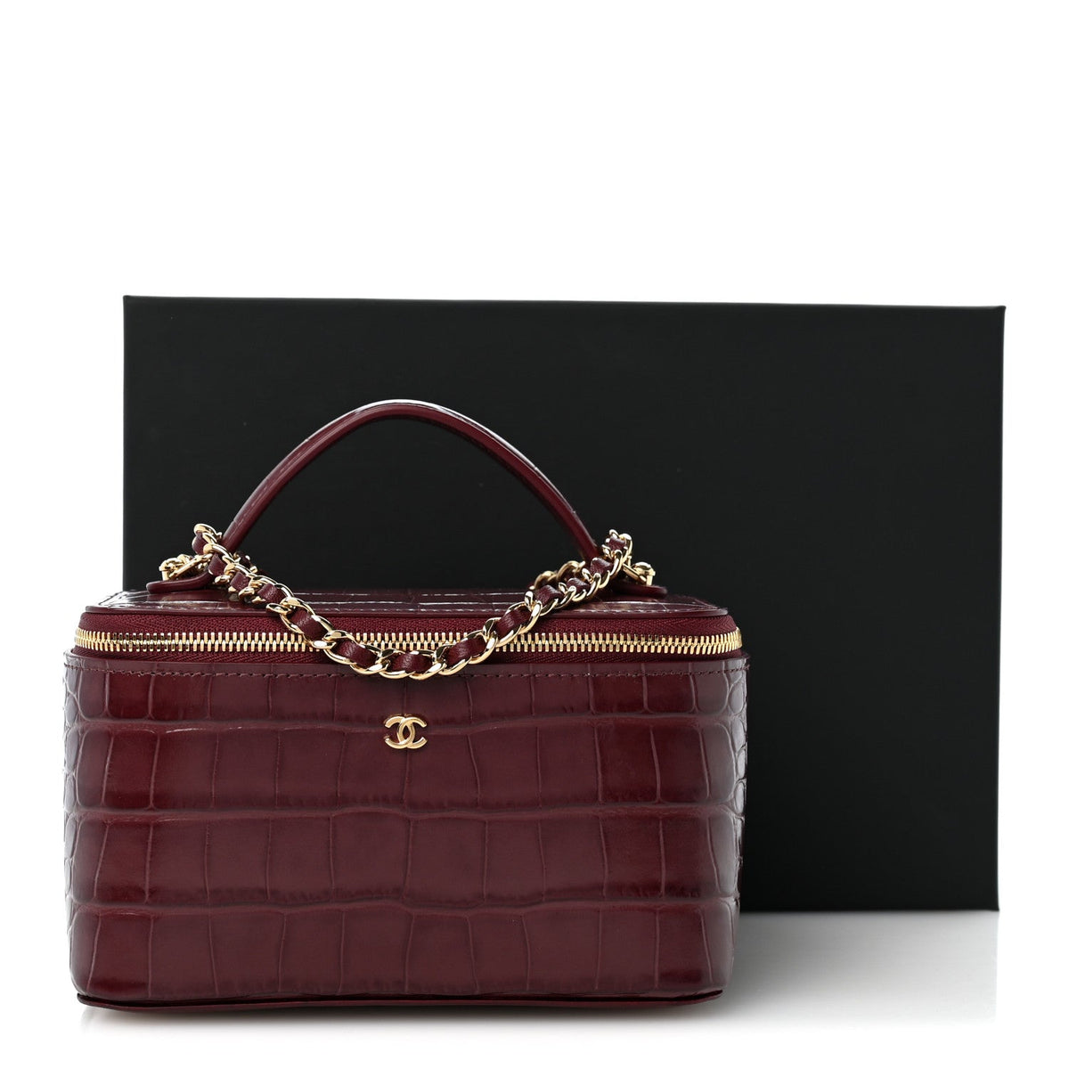 Calfskin Crocodile Embossed Crococo Small Top Handle Vanity Case With Chain Dark Burgundy