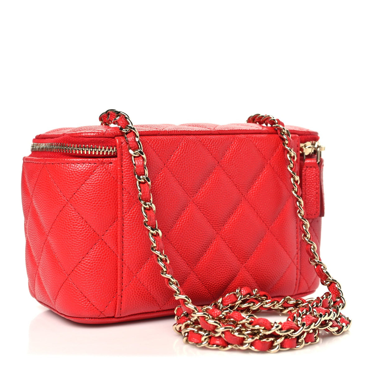 Caviar Quilted Small Vanity Case With Chain Red