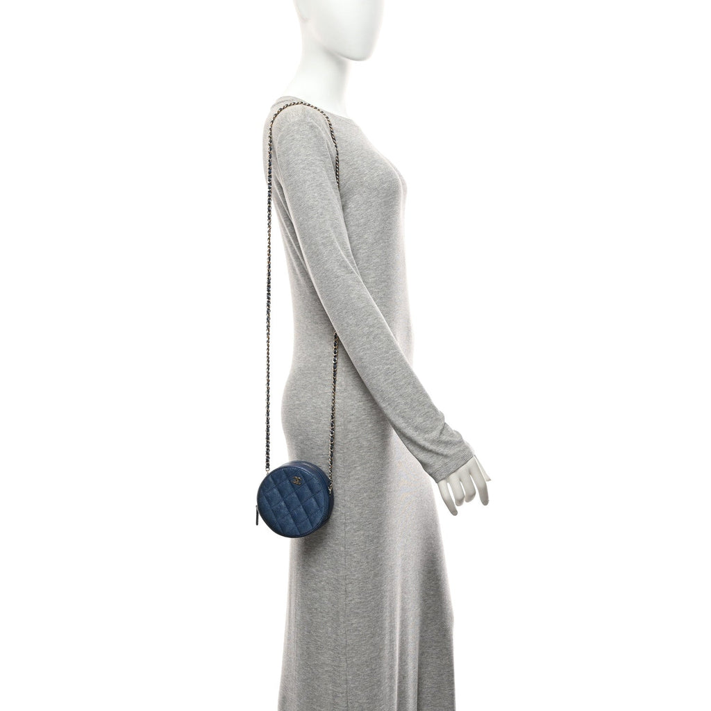Iridescent Caviar Quilted Round Clutch With Chain Blue