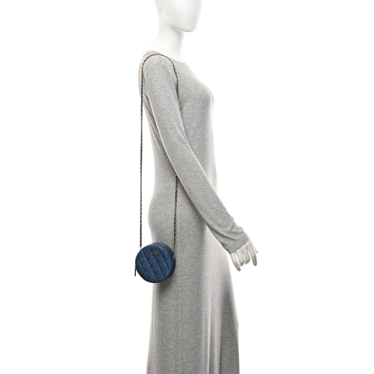 Iridescent Caviar Quilted Round Clutch With Chain Blue
