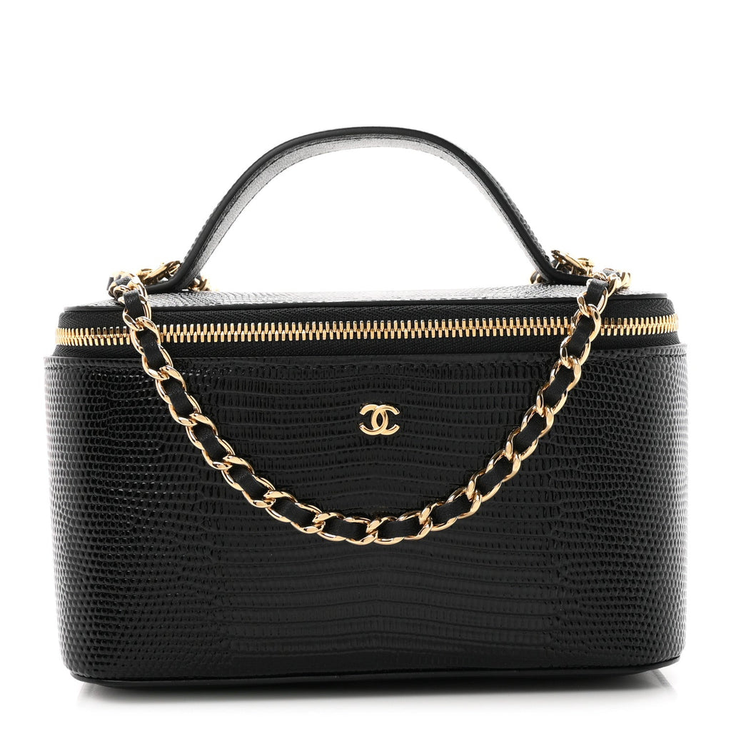 Calfskin Lizard Embossed Top Handle Vanity With Chain Black