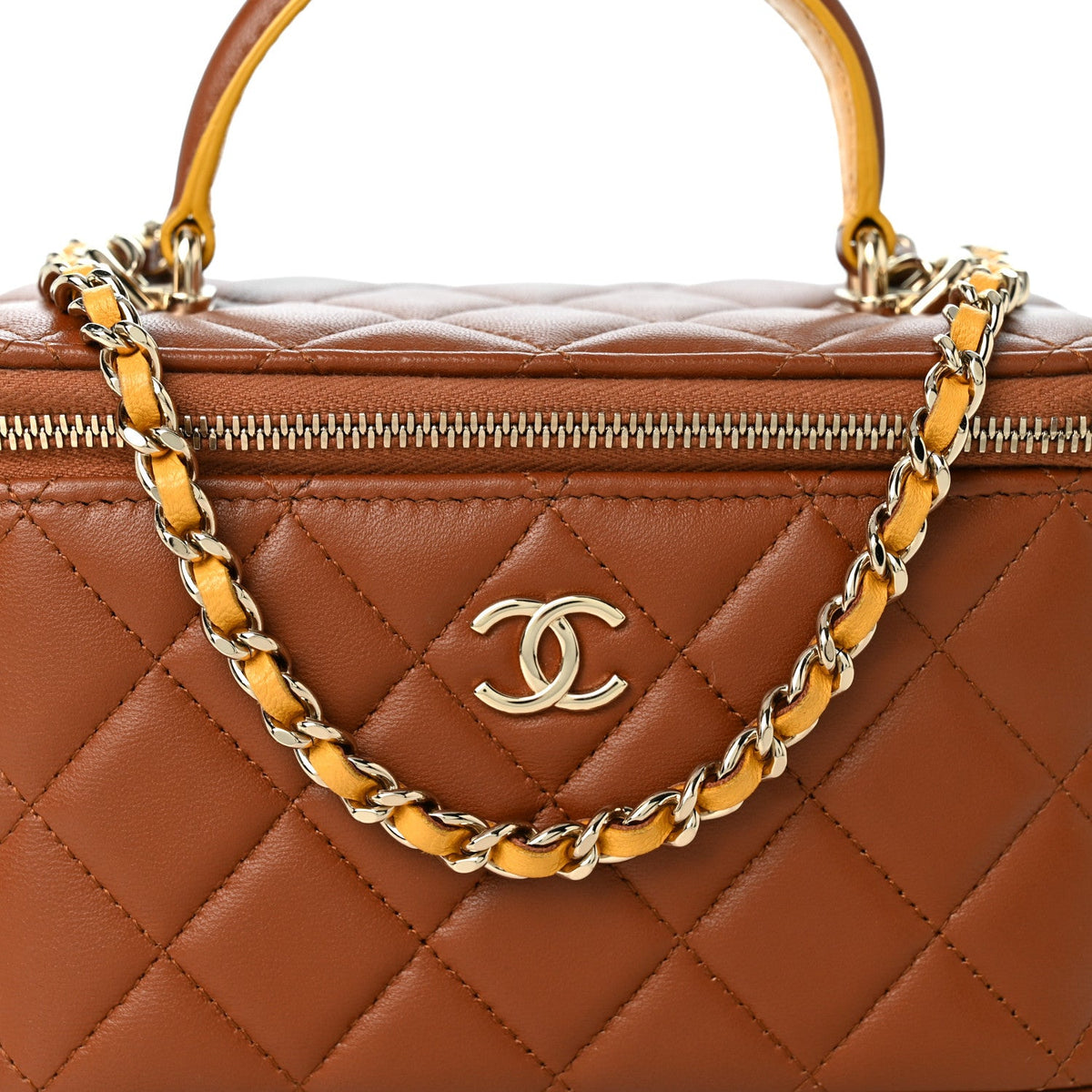 Lambskin Quilted Small Top Handle Vanity Case With Chain Light Brown Yellow