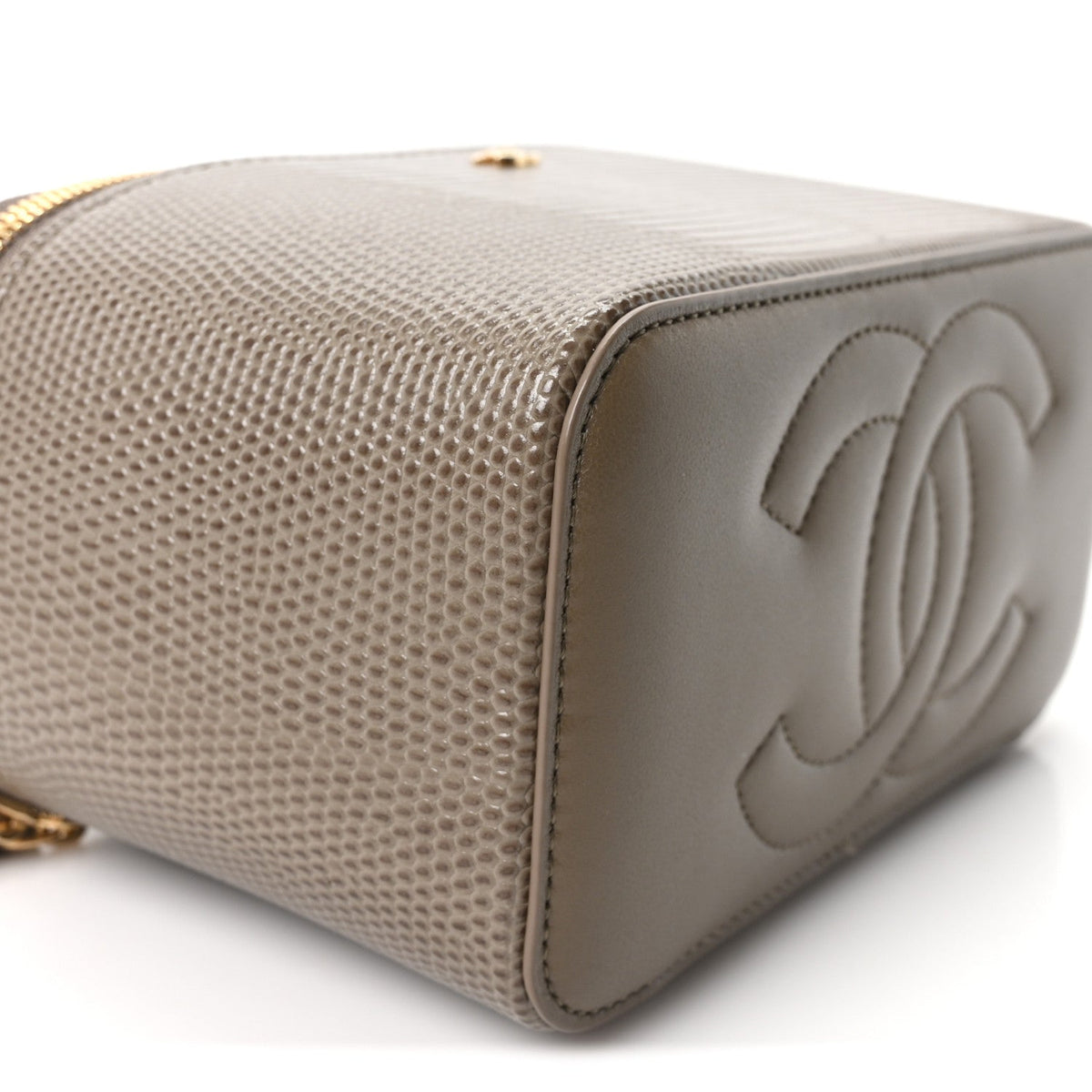 Calfskin Lizard Embossed Top Handle Vanity With Chain Dark Khaki