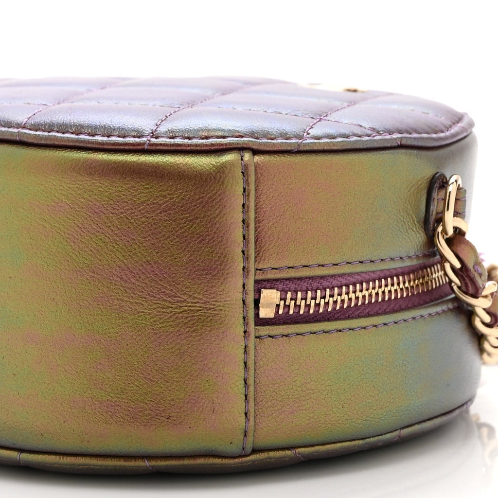 Iridescent Lambskin Quilted Round Clutch With Chain Purple