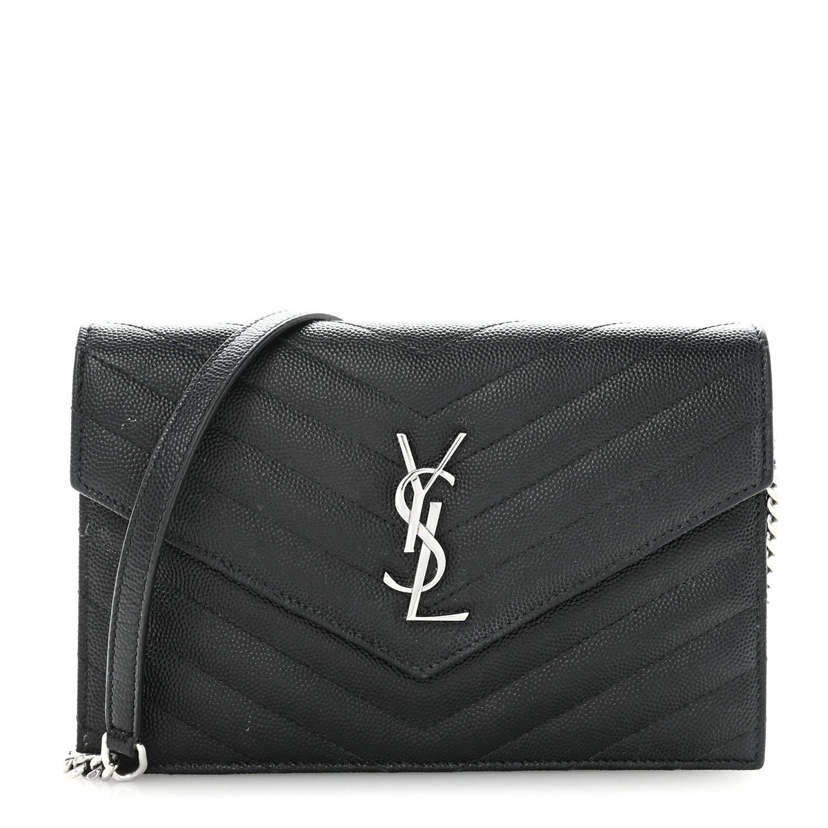Grain De Poudre Matelasse Chevron Monogram Envelope Chain Wallet Black