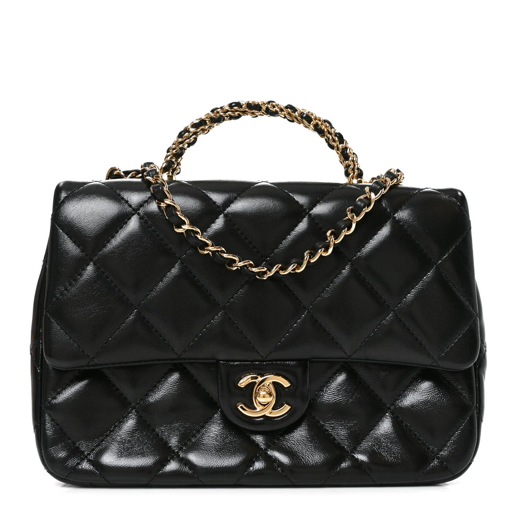 Shiny Lambskin Quilted Twisted Links Top Handle Flap Black