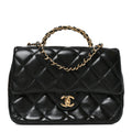 Shiny Lambskin Quilted Twisted Links Top Handle Flap Black
