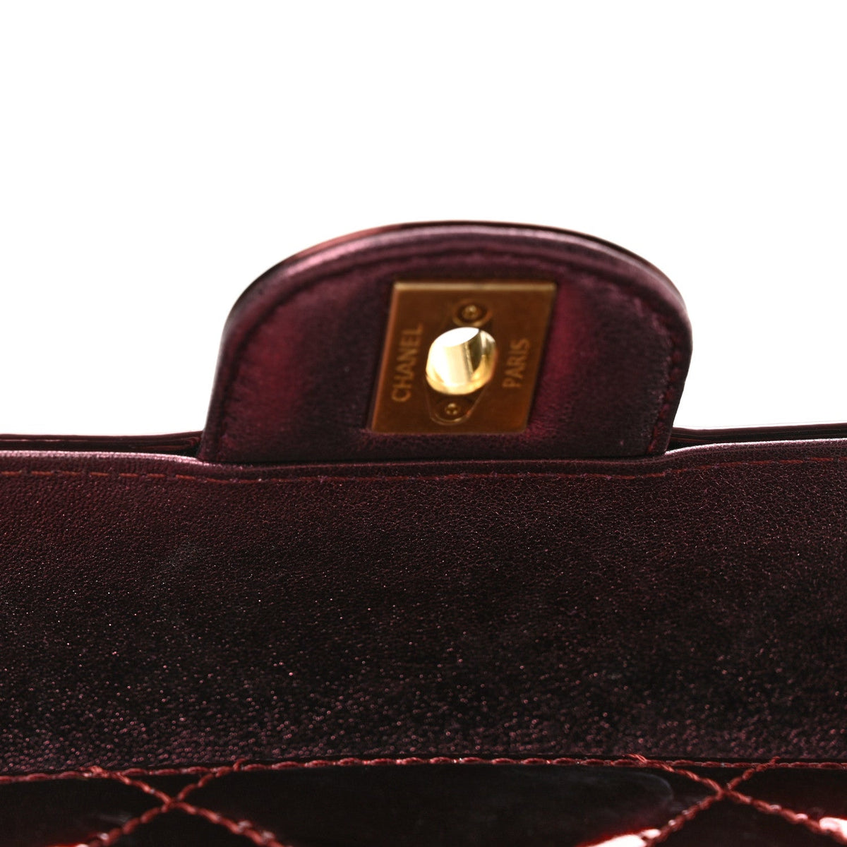 Metallic Mirror Calfskin Large Top Handle Clutch With Chain  Burgundy