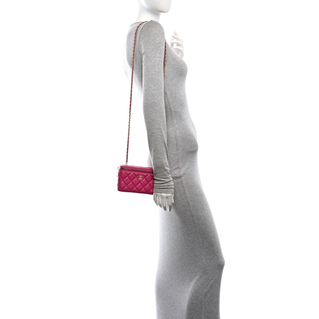 Lambskin Quilted Small Pearl Crush Vanity Case With Chain Fuchsia
