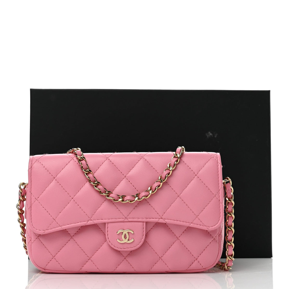 Lambskin Quilted Flap Phone Holder With Chain Pink