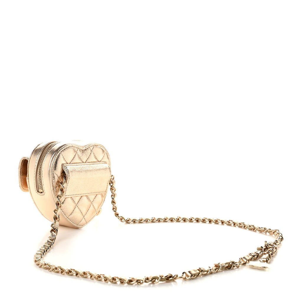 Metallic Lambskin Quilted CC In Love Heart Waist Belt Bag With Chain Gold