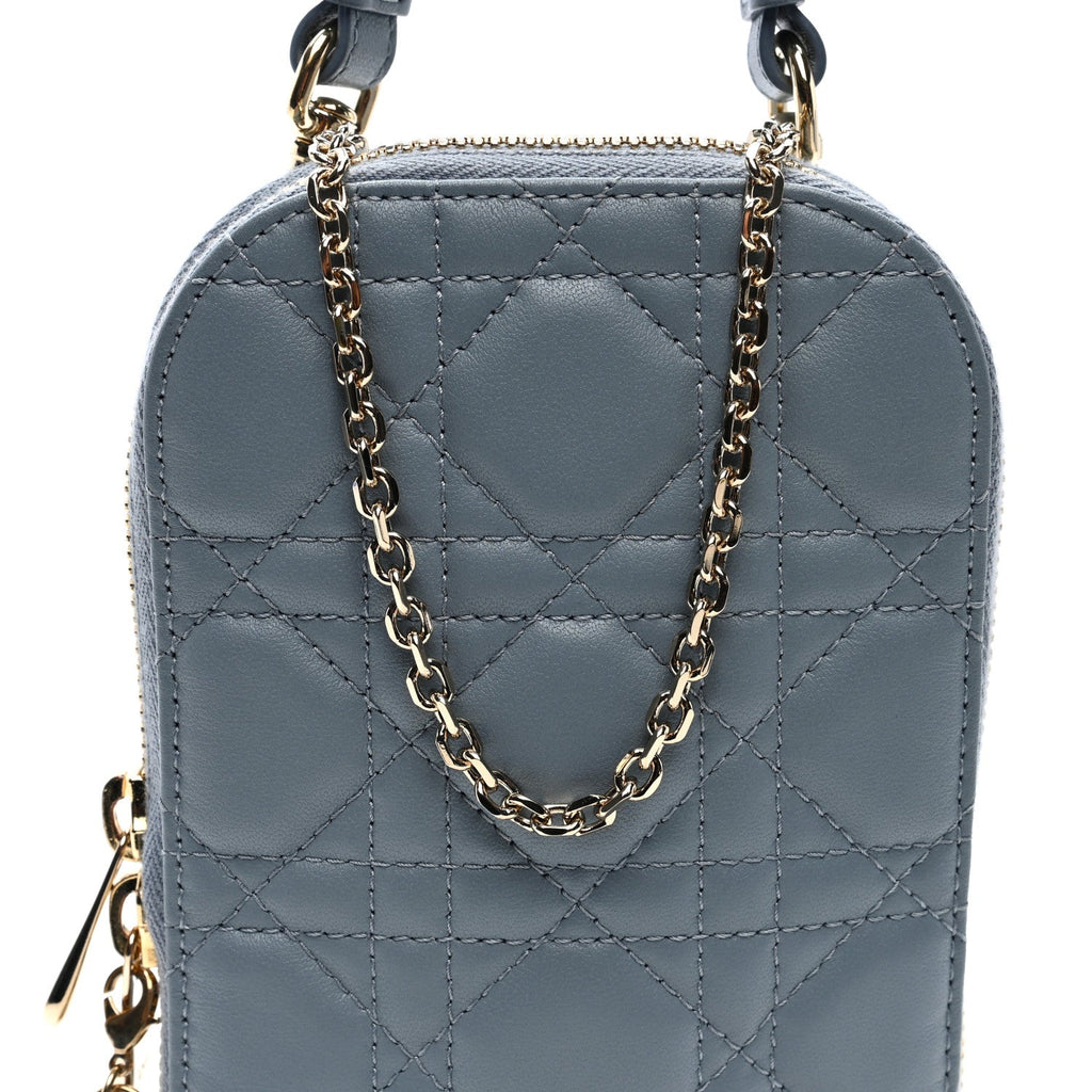 Lambskin Cannage Lady Dior Phone Holder Cloud Blue