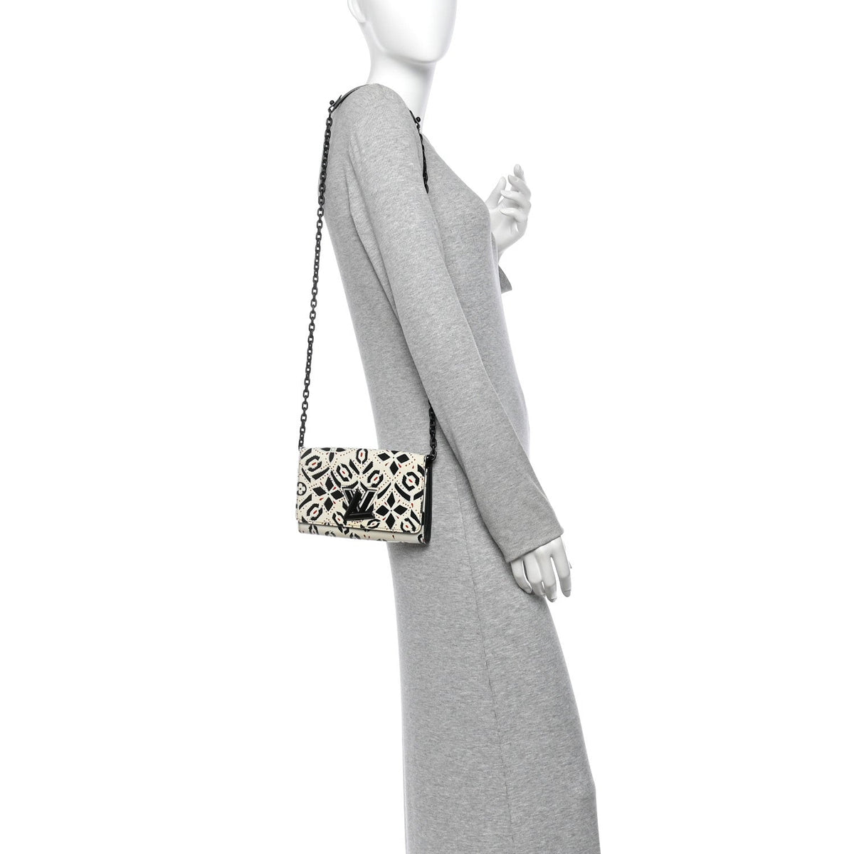 Calfskin Graphic Print Twist Chain Wallet White Black White Black