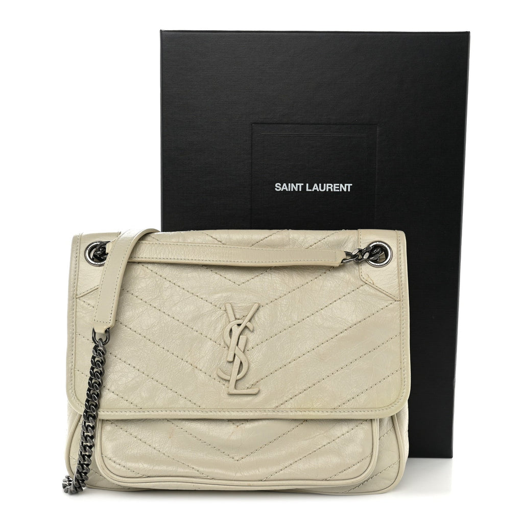 Crinkled Calfskin Matelasse Monogram Medium Niki Chain Satchel Ivory