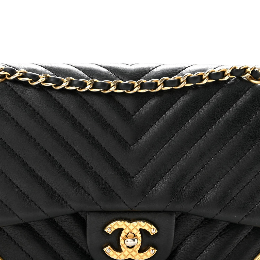 Calfskin Chevron Quilted Mini Rock The Corner Flap Black