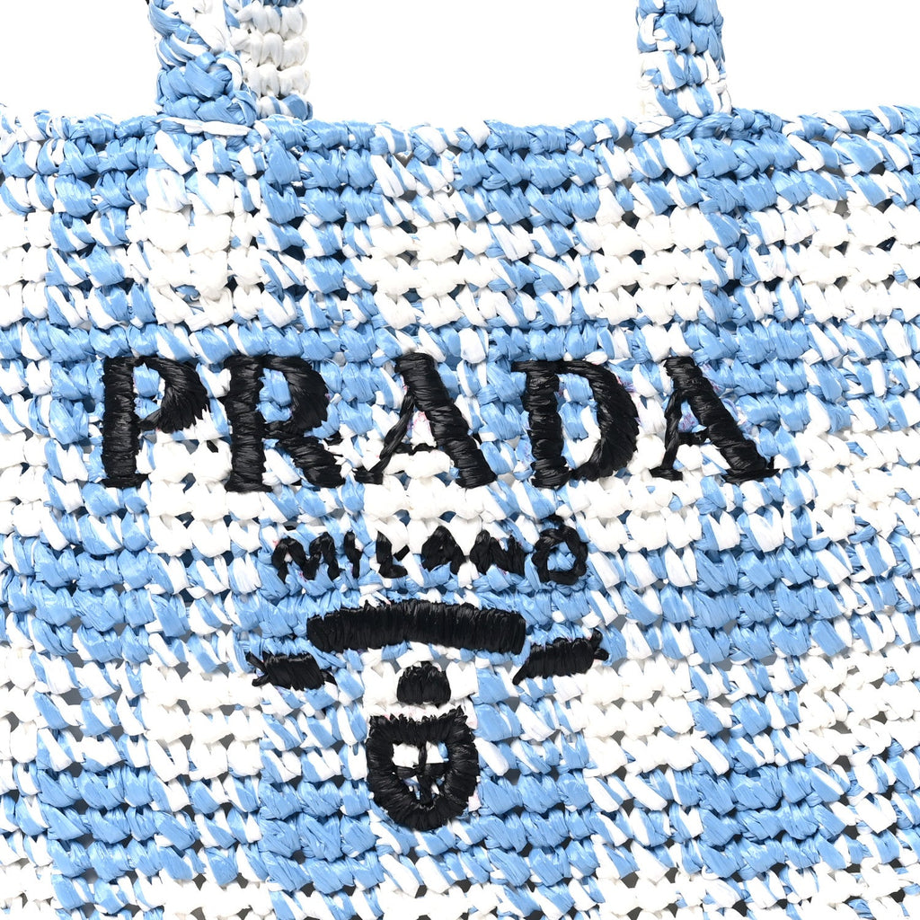 Yarn Raffia Effect Crochet Embroidered Small Logo Tote Celeste