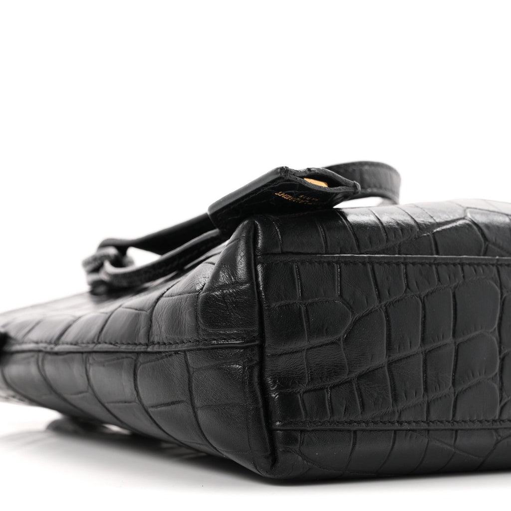 Calfskin Crocodile Embossed Paris Mini Toy Shopper Tote Black