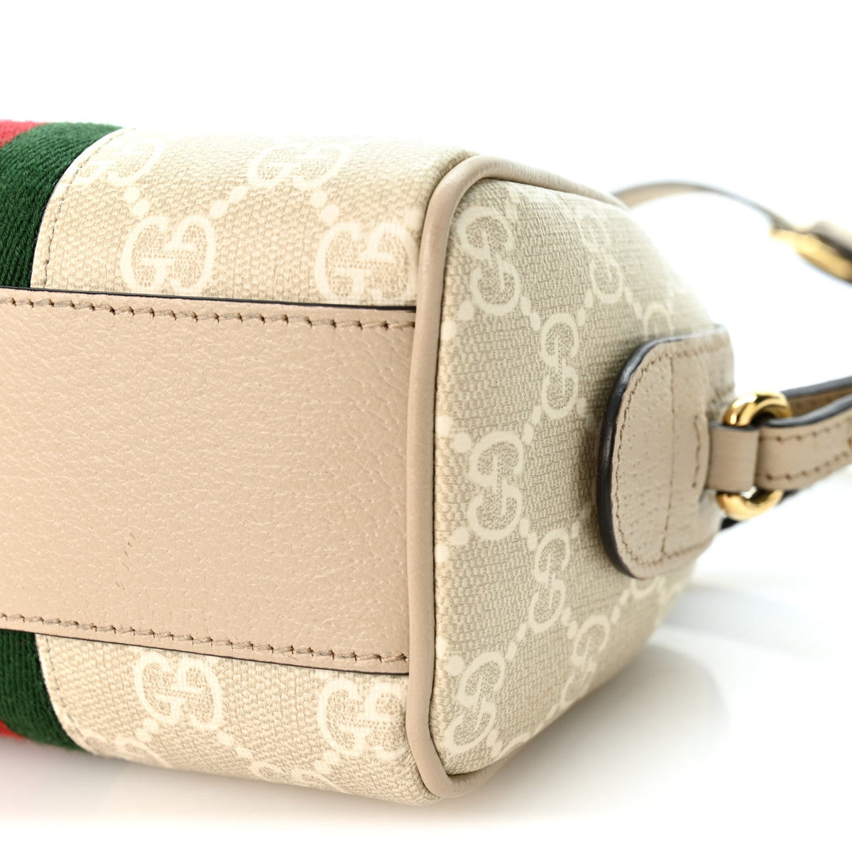 GG Supreme Monogram Textured Dollar Calfskin Web Super Mini Ophidia Top Handle Bowler Bag Beige Mystic White Oatmeal