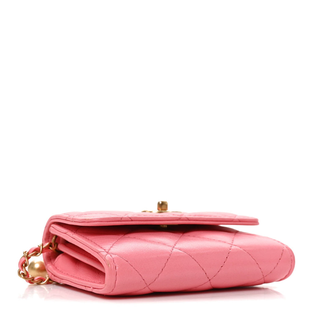 Lambskin Quilted Pearl Crush Card Holder With Chain Pink