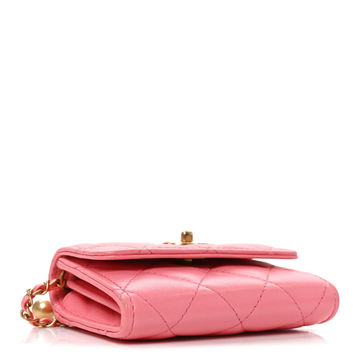 Lambskin Quilted Pearl Crush Card Holder With Chain Pink