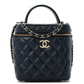 Caviar Quilted Small Top Handle Vanity Case With Chain Navy Blue