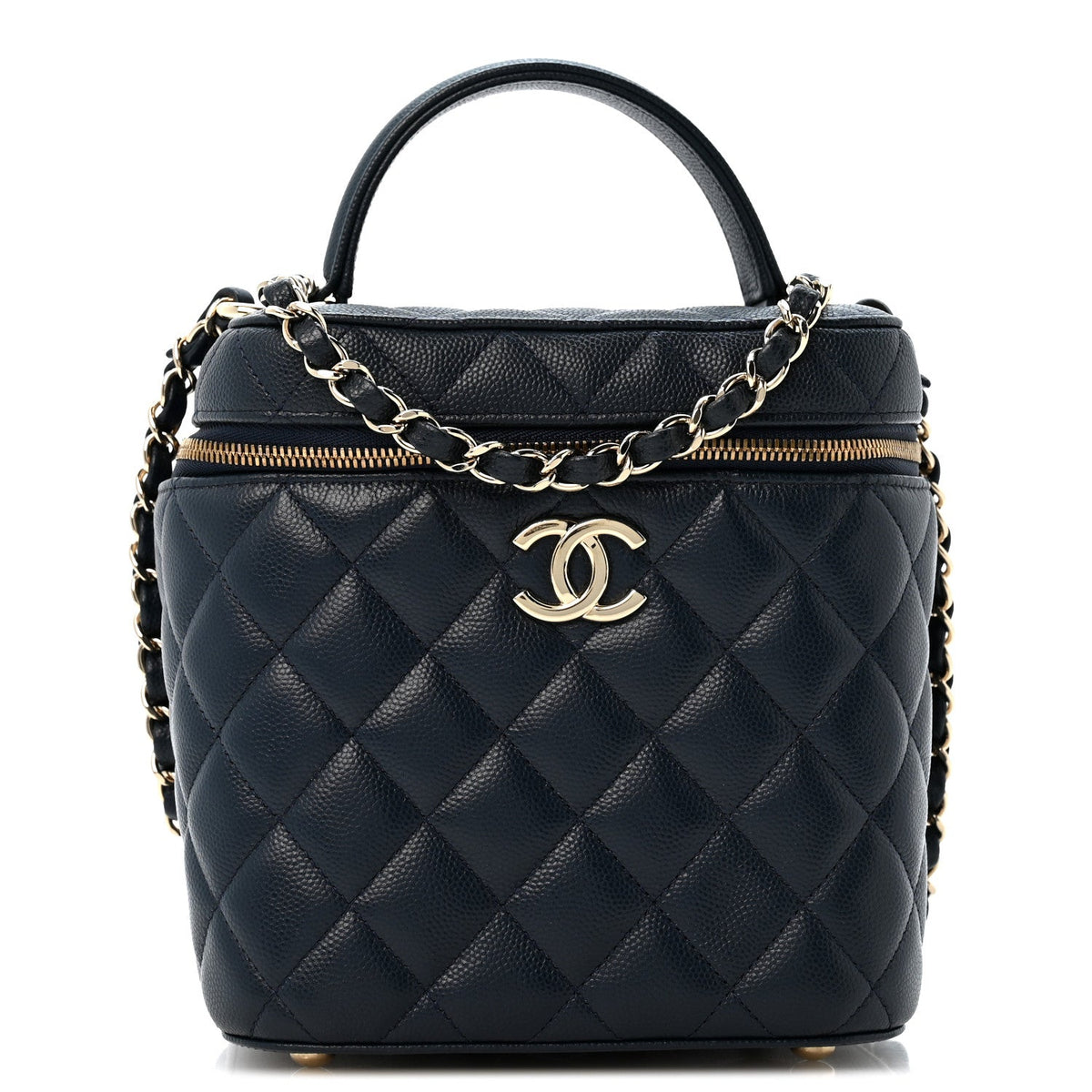 Caviar Quilted Small Top Handle Vanity Case With Chain Navy Blue