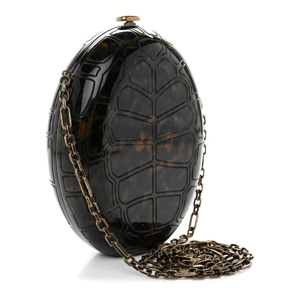 Plexiglass Shell CC Round Minaudiere Clutch Brown