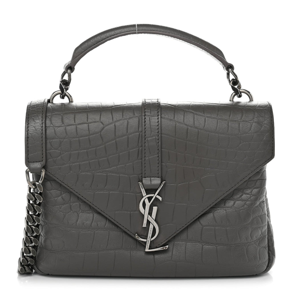 Calfskin Crocodile Embossed Medium College Monogram Satchel Gray