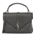 Calfskin Crocodile Embossed Medium College Monogram Satchel Gray