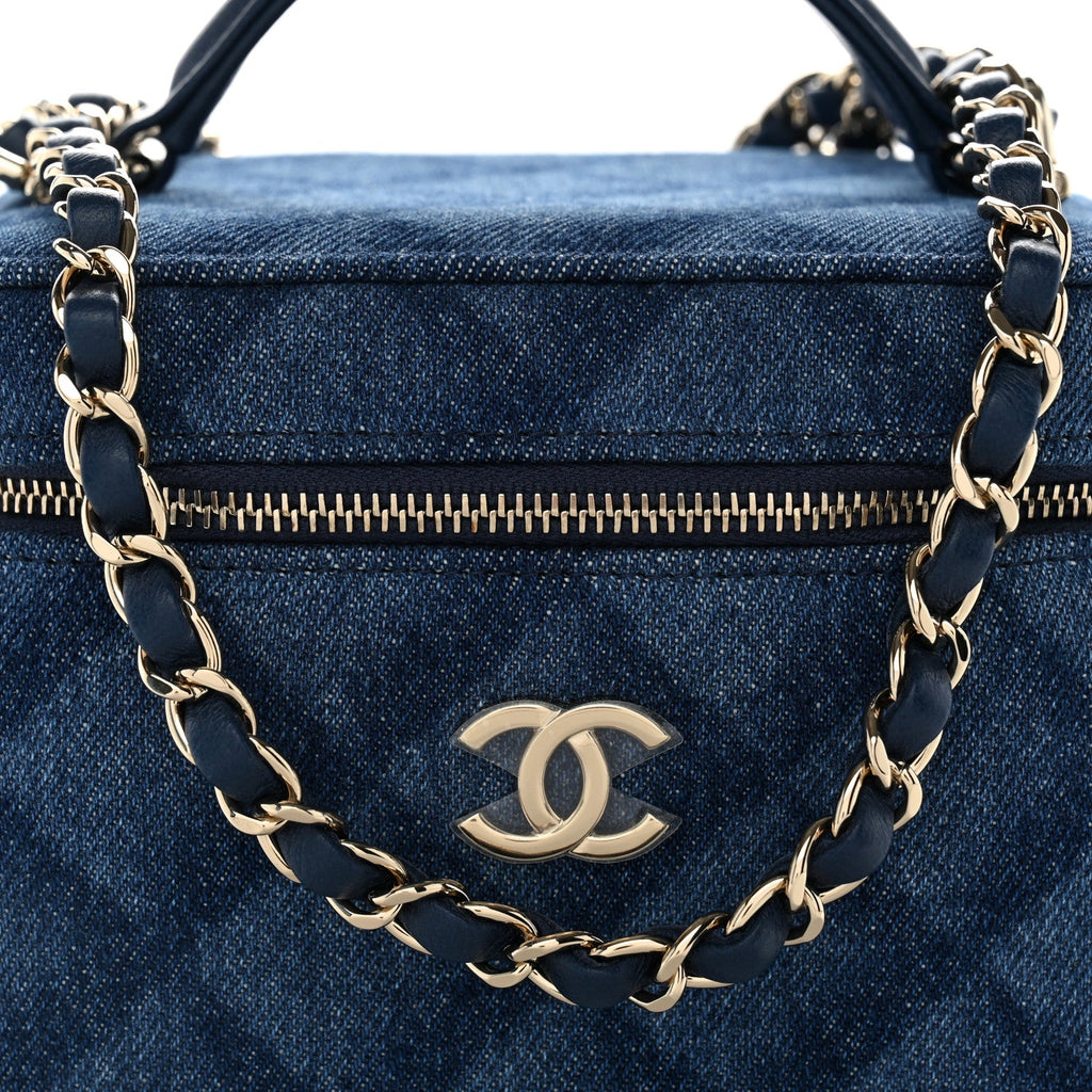 Printed Denim Quilted Mini Top Handle Vanity Case With Chain Dark Blue