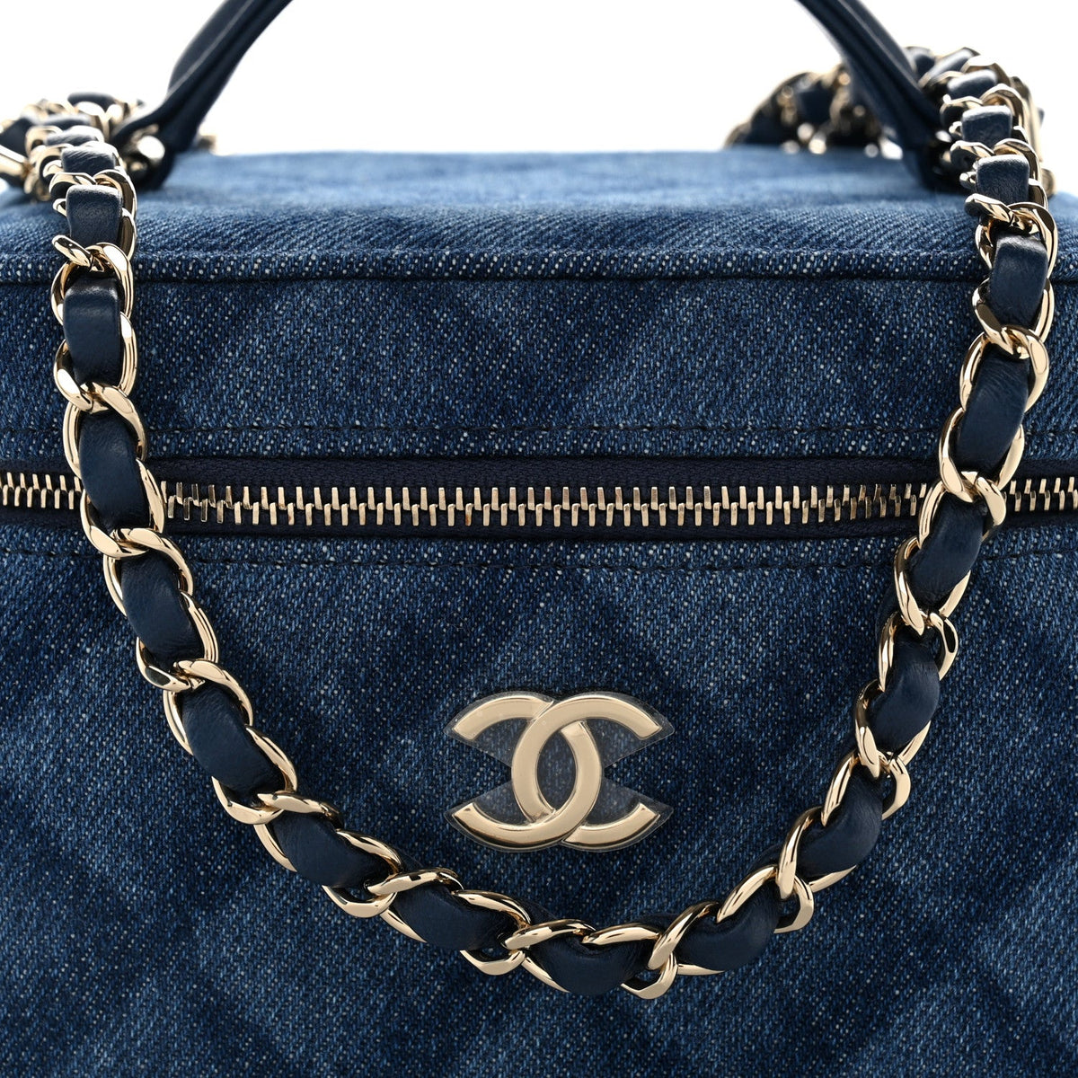 Printed Denim Quilted Mini Top Handle Vanity Case With Chain Dark Blue
