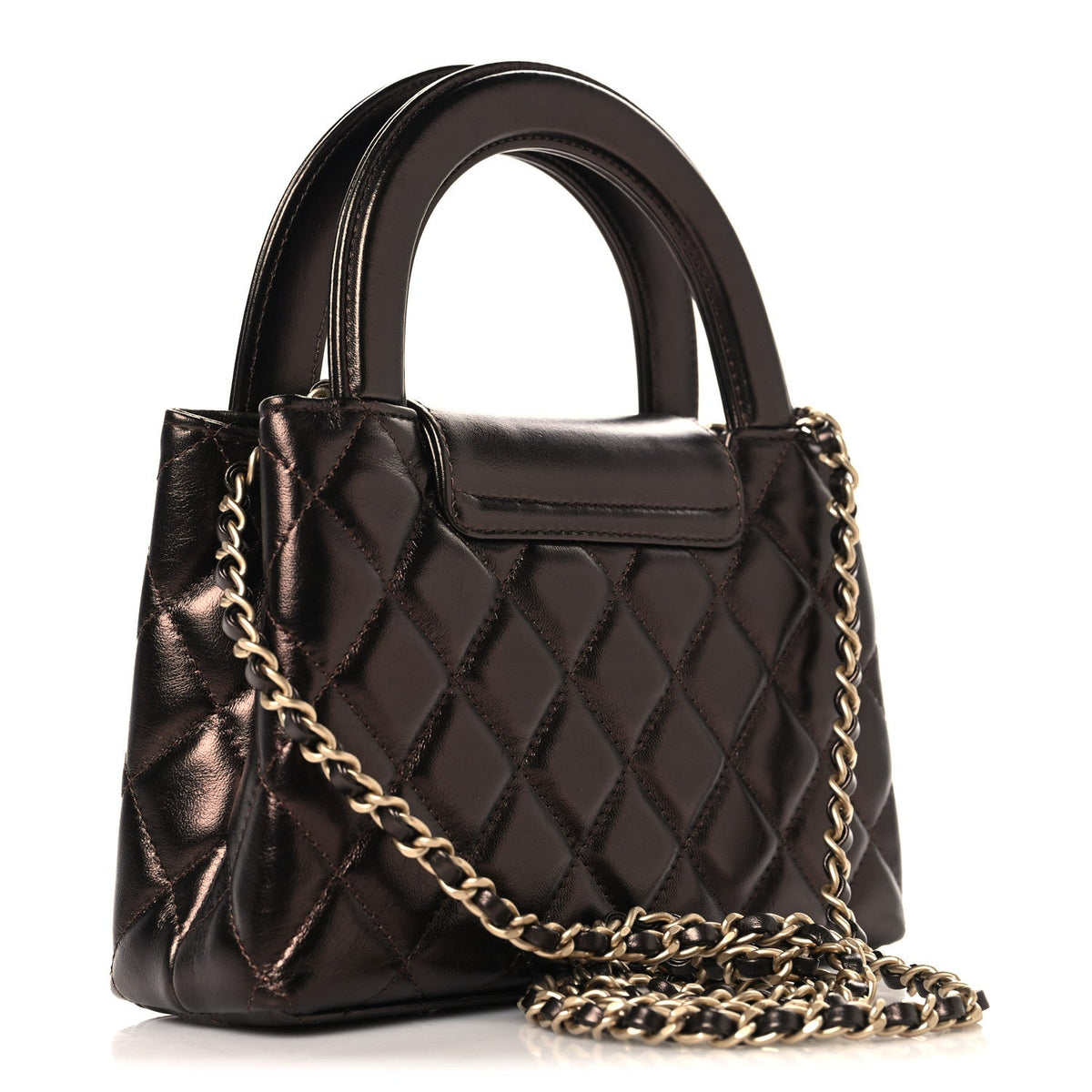 Metallic Aged Calfskin Quilted Nano Kelly Shopper Dark Brown
