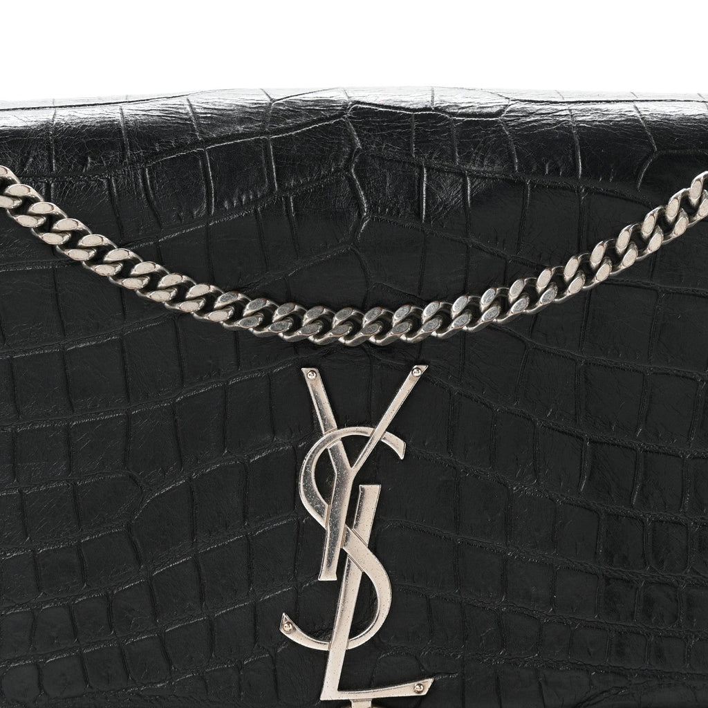 Calfskin Crocodile Embossed Medium Classic Monogram Kate Tassel Satchel Black