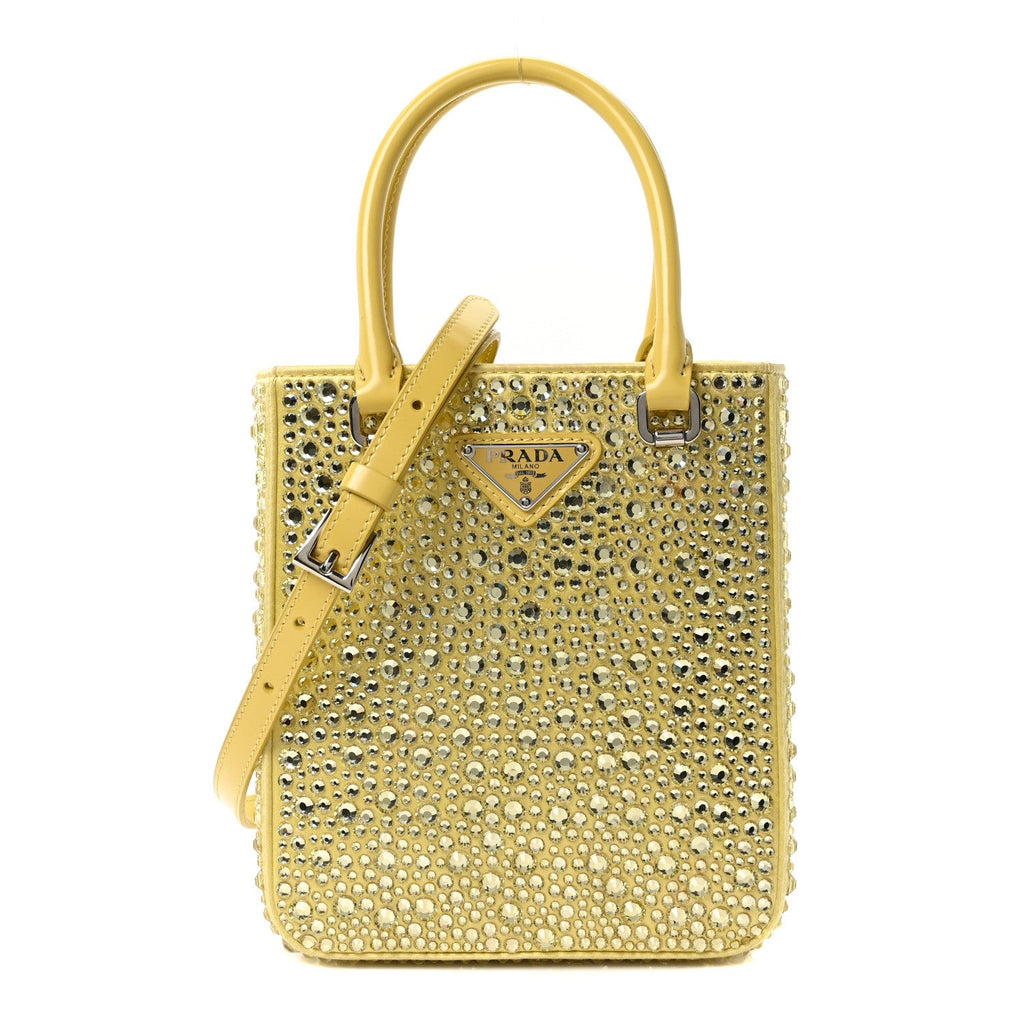 Satin Crystal Metal Triangle Logo Small Double Handle Crossbody Tote Ananas