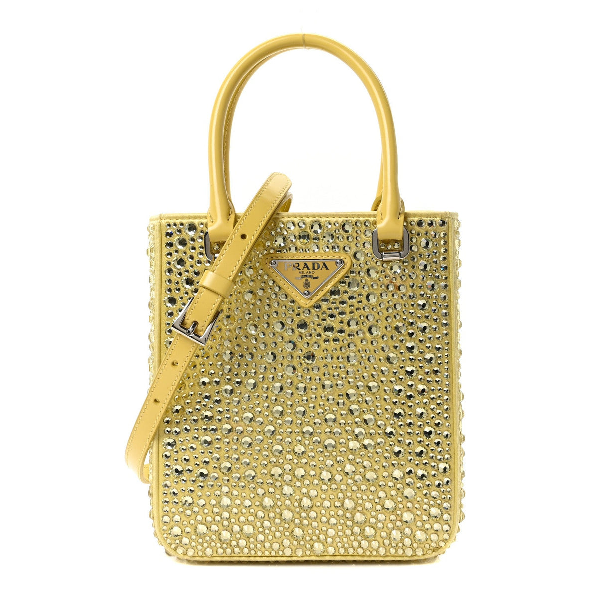 Satin Crystal Metal Triangle Logo Small Double Handle Crossbody Tote Ananas