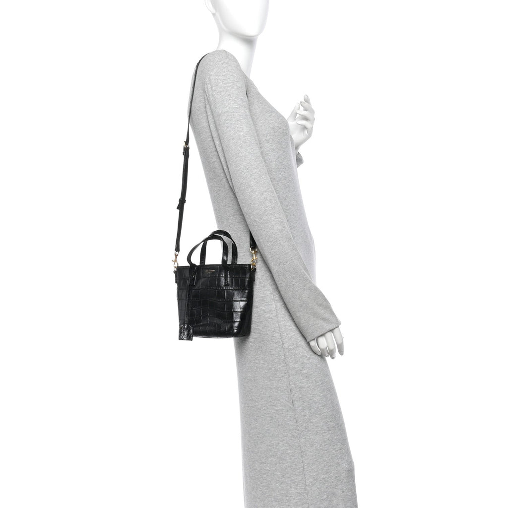 Calfskin Crocodile Embossed Paris Mini Toy Shopper Tote Black