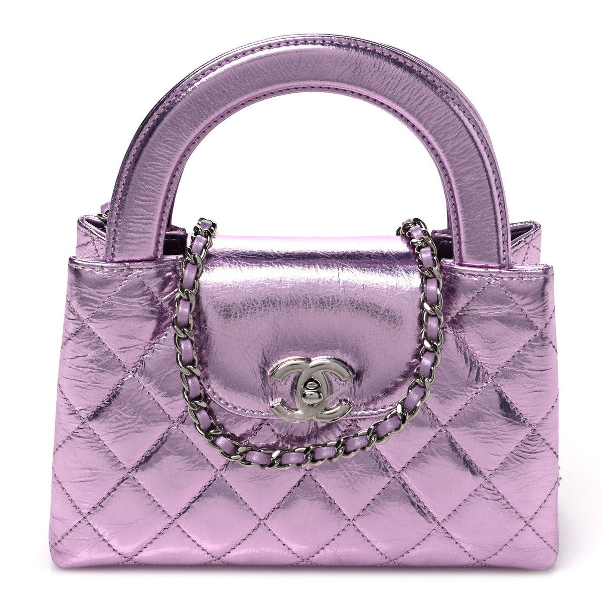 Metallic Aged Calfskin Quilted Nano Kelly Shopper Pink