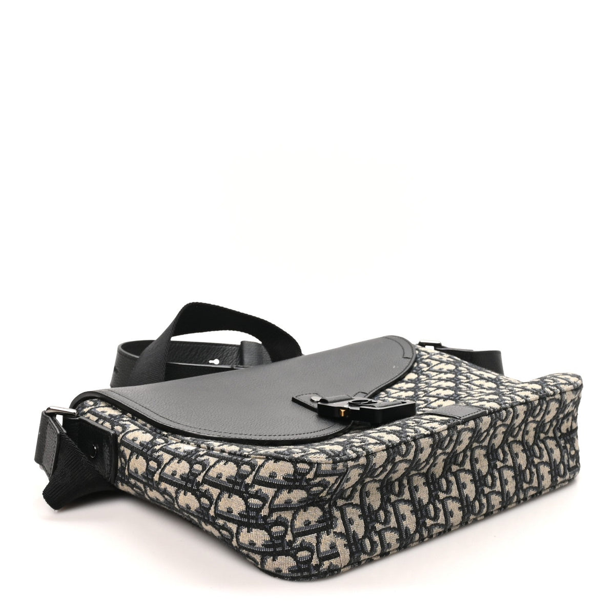 Oblique Jacquard Grained Calfskin Medium Saddle Messenger Bag Beige Black