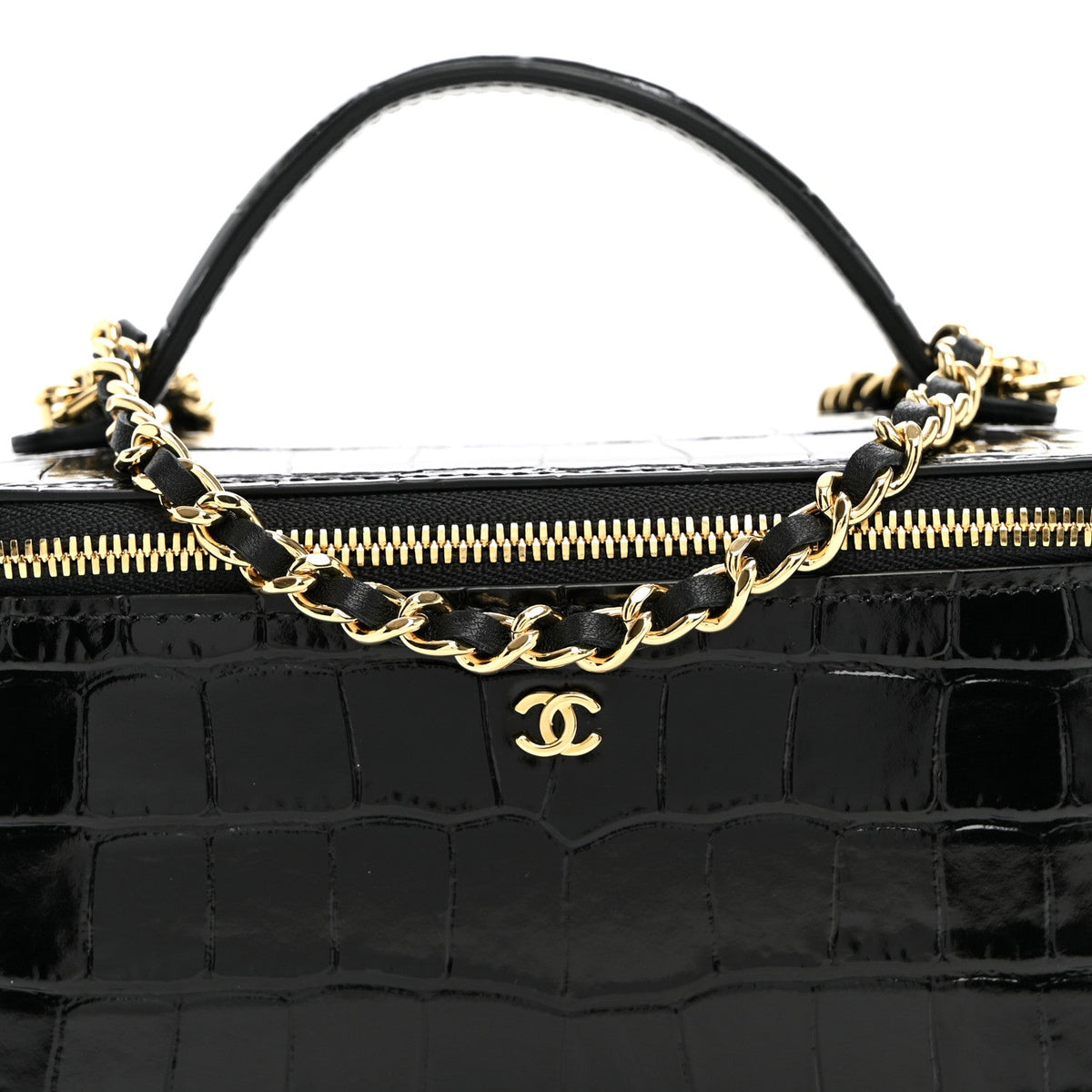 Calfskin Crocodile Embossed Crococo Small Top Handle Vanity Case With Chain Black
