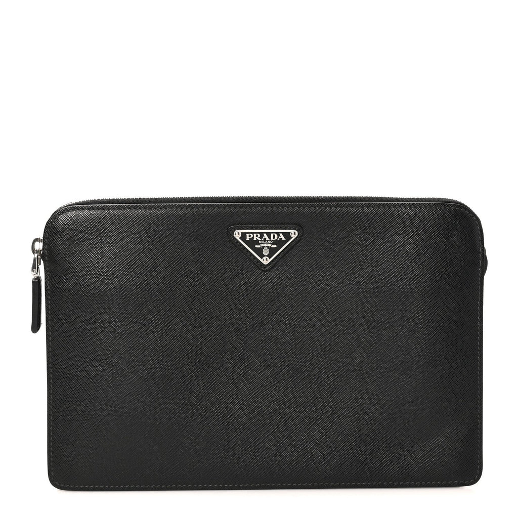 Saffiano Travel Metal Triangle Logo Slip Handle Wristlet Pouch Black
