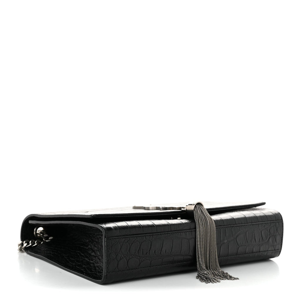 Calfskin Crocodile Embossed Medium Classic Monogram Kate Tassel Satchel Black