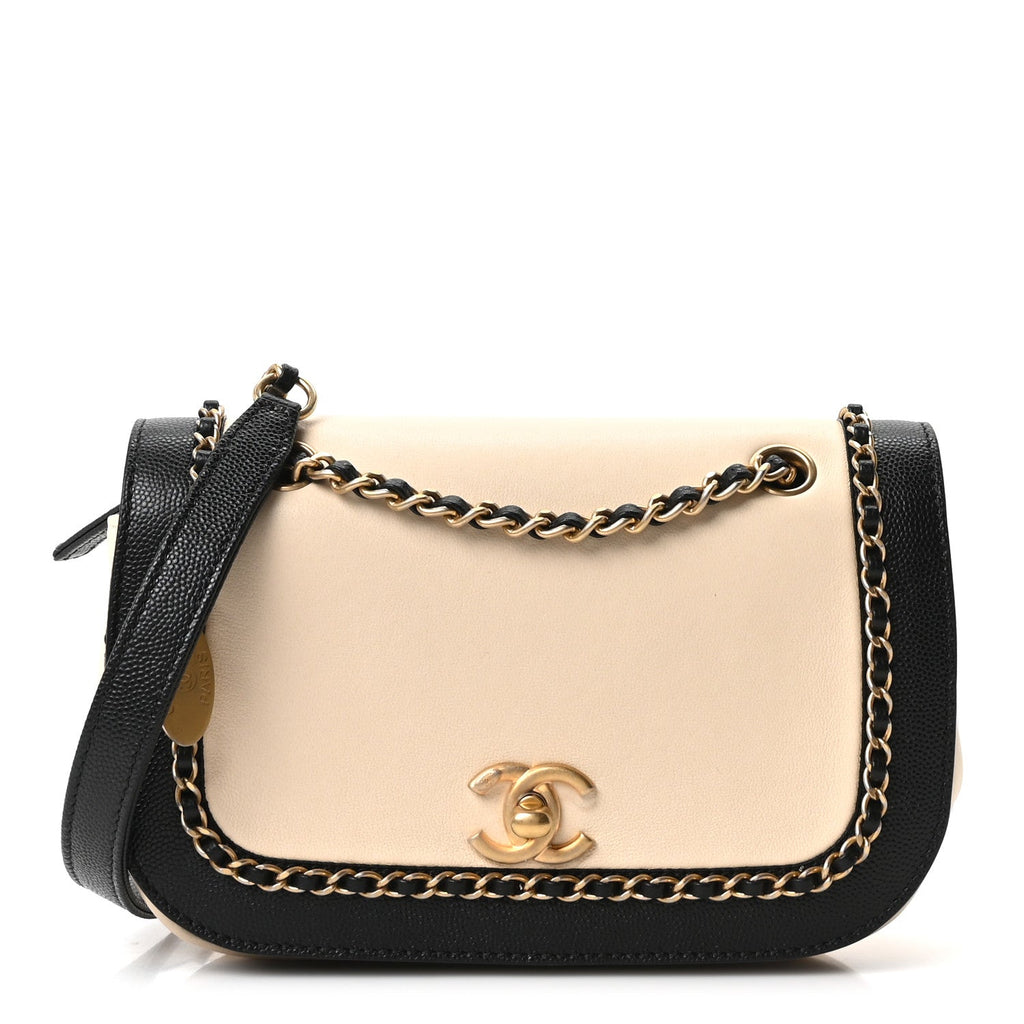 Lambskin Caviar Lovely Chains Flap Shoulder Bag Ivory Black